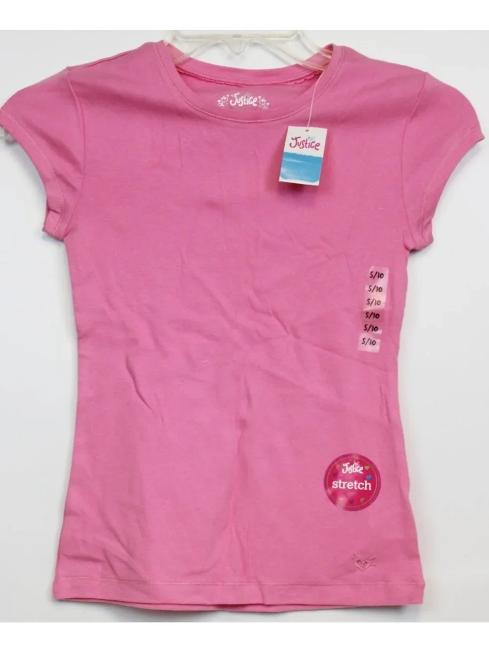 Y2K 2010s Justice Pink Long Tee Shirt TShirt sz 10 Small Cap Sleeves Stretch NOS